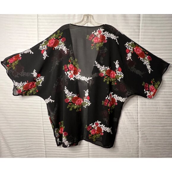 Floral Open Front Kimono Cardigan Black Sheer Cover-Up 2XL Lightweight Plus Size - Picture 2 of 13